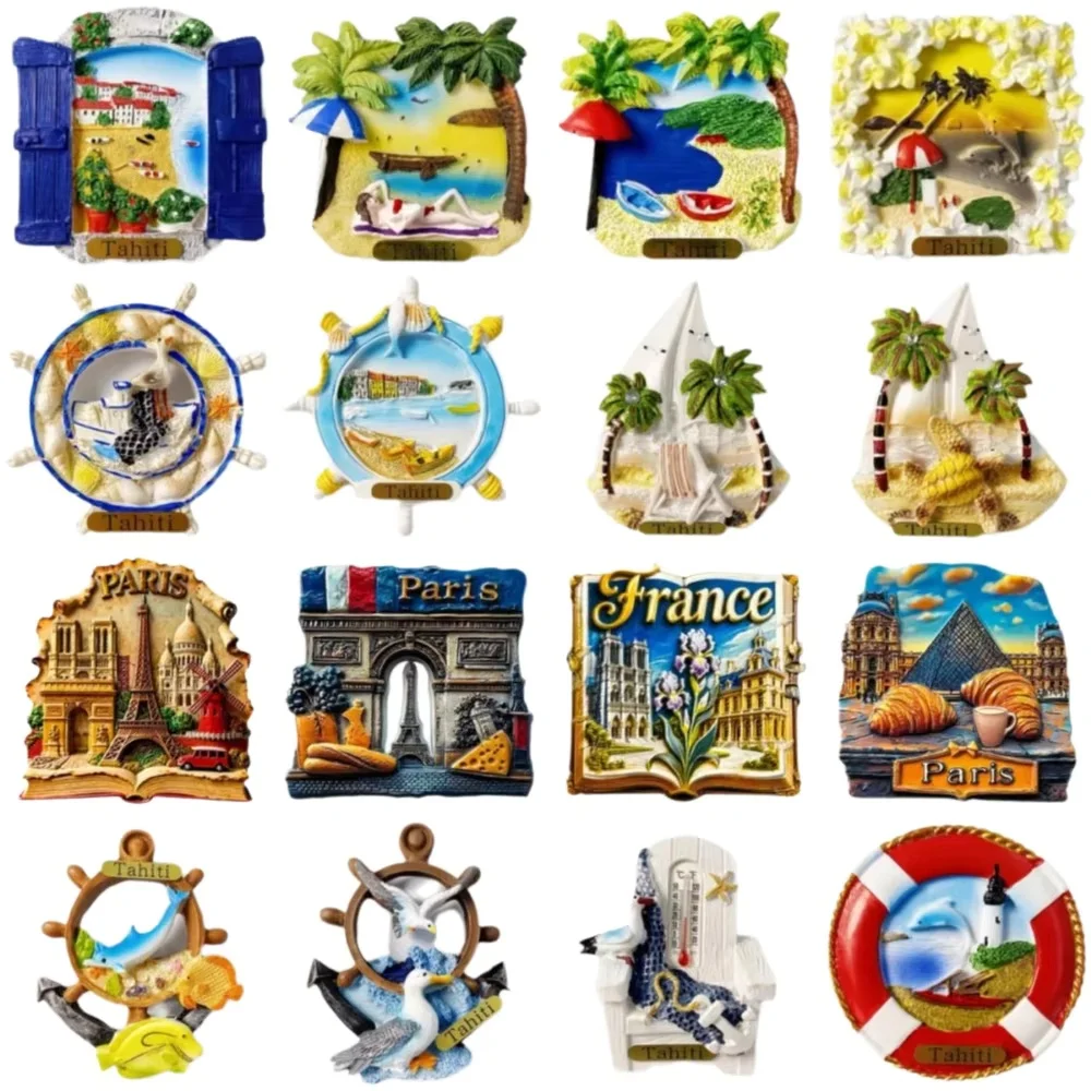 Tahiti Paris France 3D Resin Fridge Magnets Tropical Beach Eiffel Tower Travel Souvenir Refrigerator Magnet Home Decor Gift