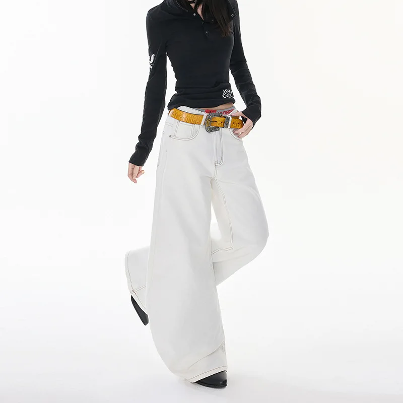 

WomenWhite Wide Leg Denim Jeans Summer New Thin Fabric High Waist Loose Draped Floor Length Casual Fashion Daily Wear For Ladies