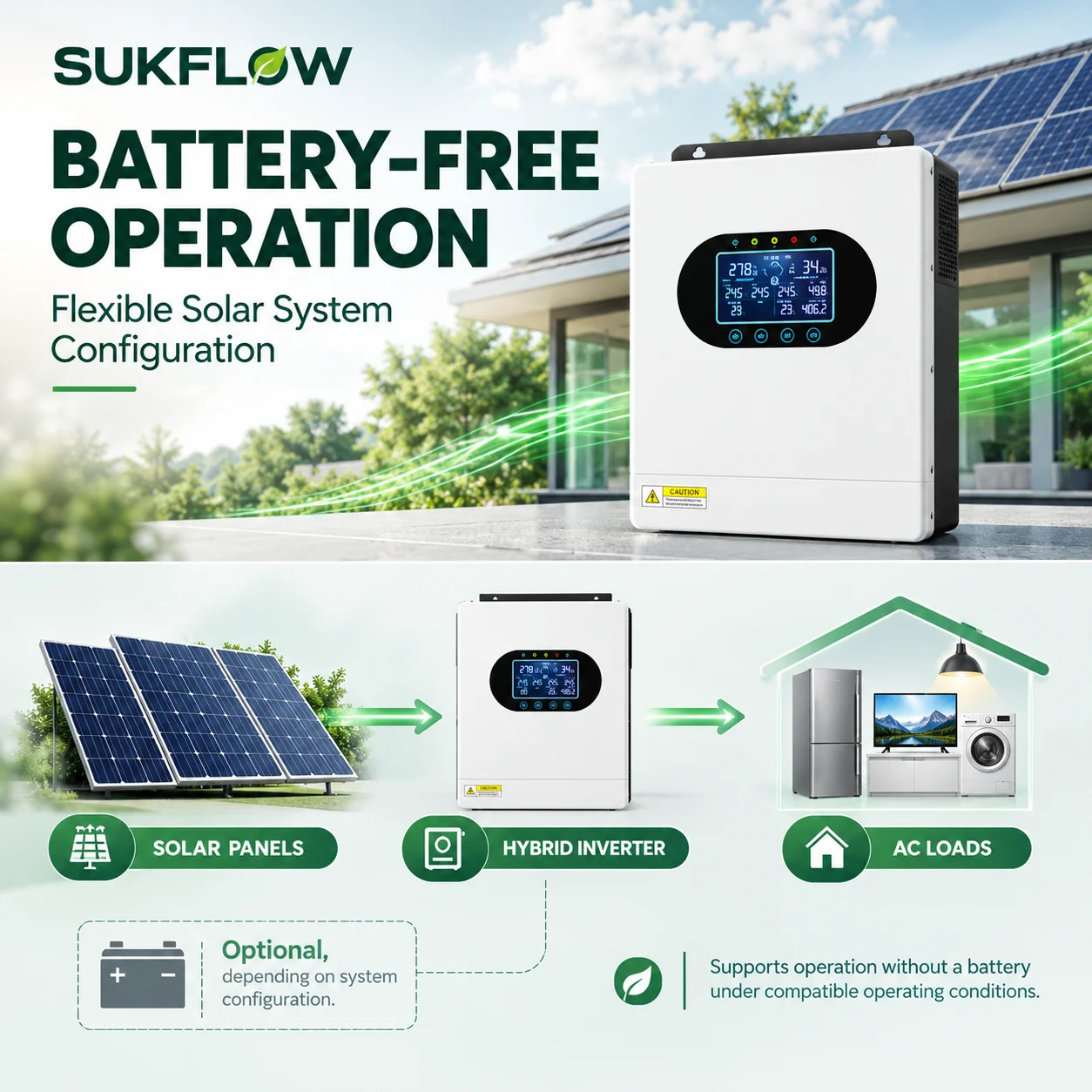 SUKFLOW 5KW Hybrid Solar Inverter 48V DC to 120V AC Pure Sine Wave, 6000W PV Input, 99% MPPT, Battery-Free Operation, RS-485 BMS