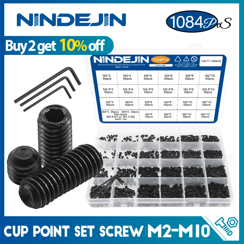 

NINDEJIN Hex Socket Cup Point Set Screw M2 M2.5 M3 M4 M5 M6 M8 12.9 Carbon Steel Headless Allen Head Grub Screw Assortment Kit