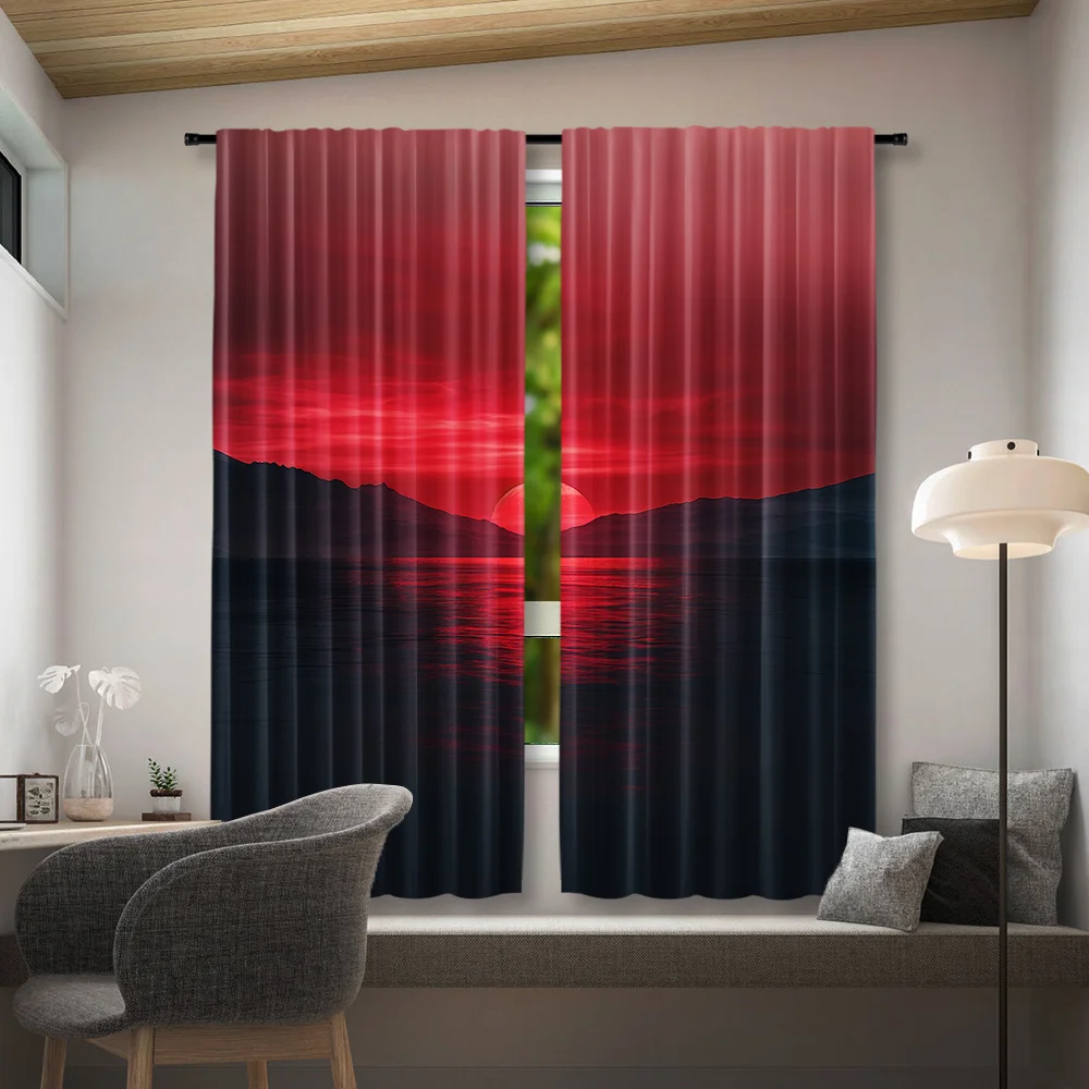 Set of 2 Modern Art-Inspired Ribbed Pocket Curtains - Tricot Polyester Plain Ombre Sunset Seascape Print - Semi-Sheer Blackout F