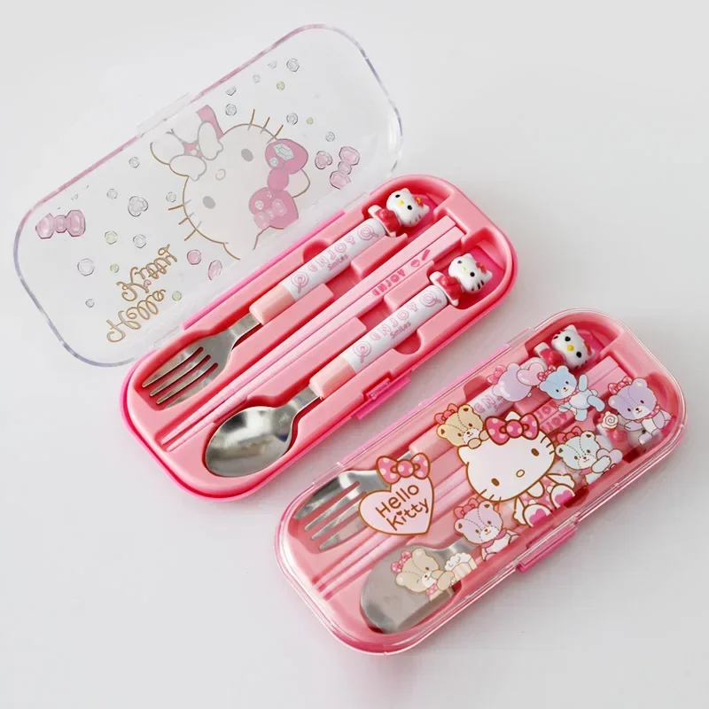 MINISO Kawaii Hello Kitty Children's Chopsticks, Forks, Spoons, 3-Piece Anime and Cartoon Cinnamoroll Portable Tableware Set