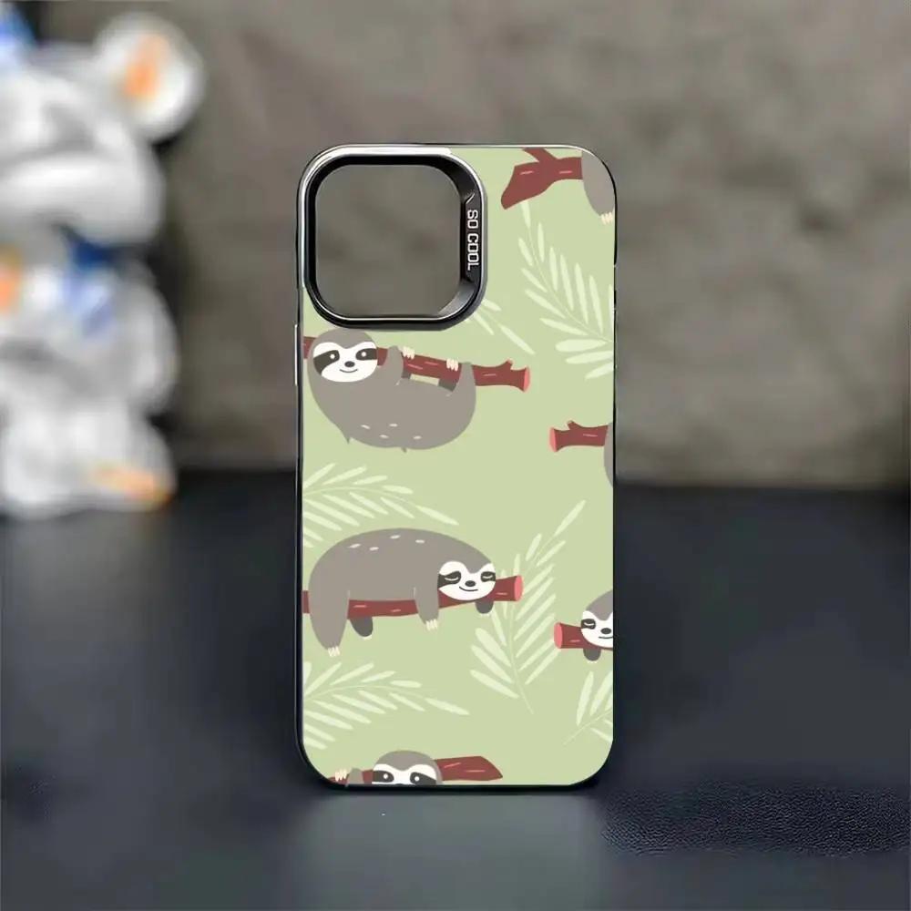 Funda de teléfono con diseño de perezoso de dibujos animados de animales para iPhone 17,16,15,14,13,12,11,Pro Max,Plus, funda negra de color plateado y caramelo