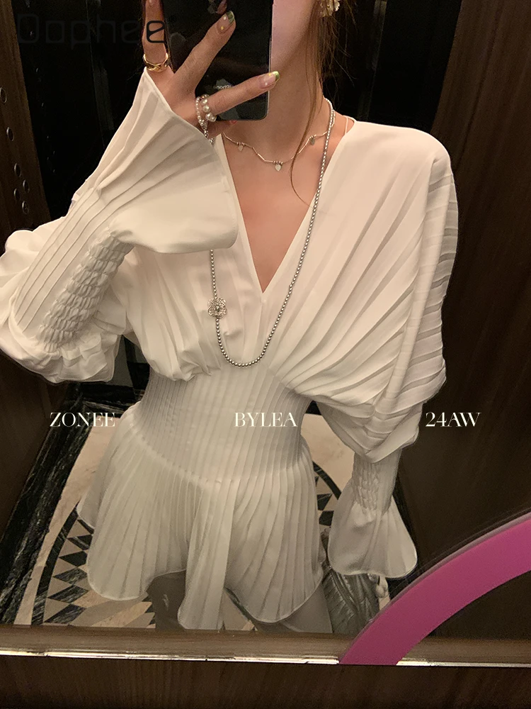 

2025 New French Style Pleated Shirt White Women V Neck Flare Sleeve Blouse Elegant Office Ladies Commute Chic Female Fashion