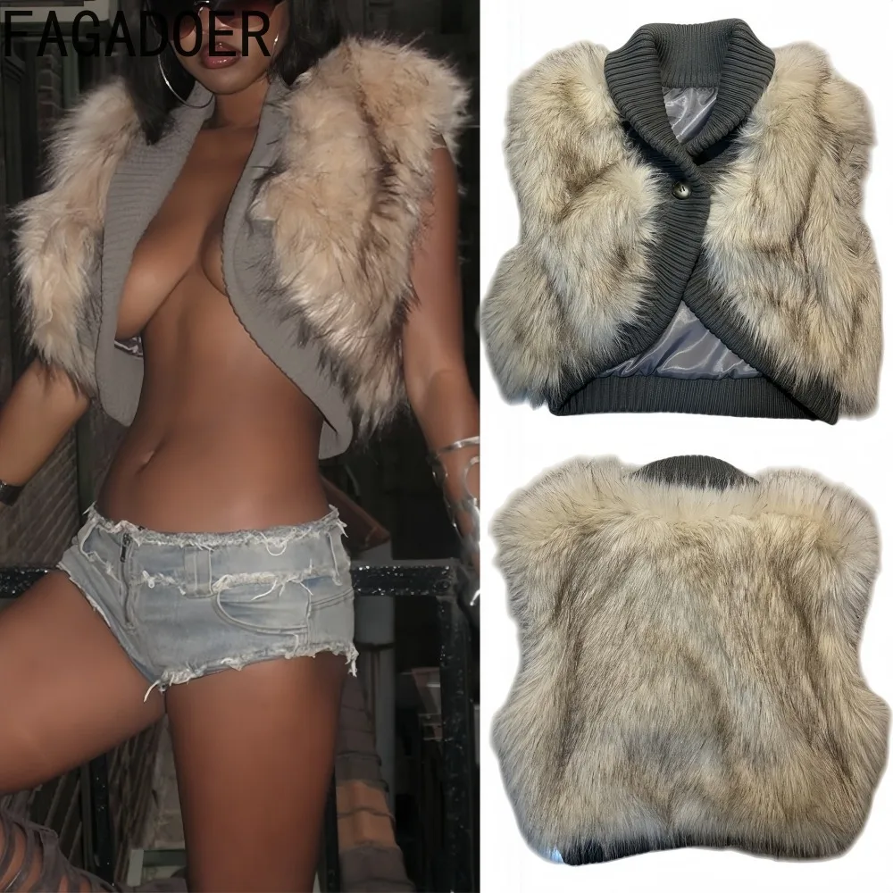 سترة FAGADOER المثيرة المصنوعة من الفرو للنساء بلون سادة سترات قصيرة بدون أكمام أمريكية كلاسيكية ملابس خروج نسائية