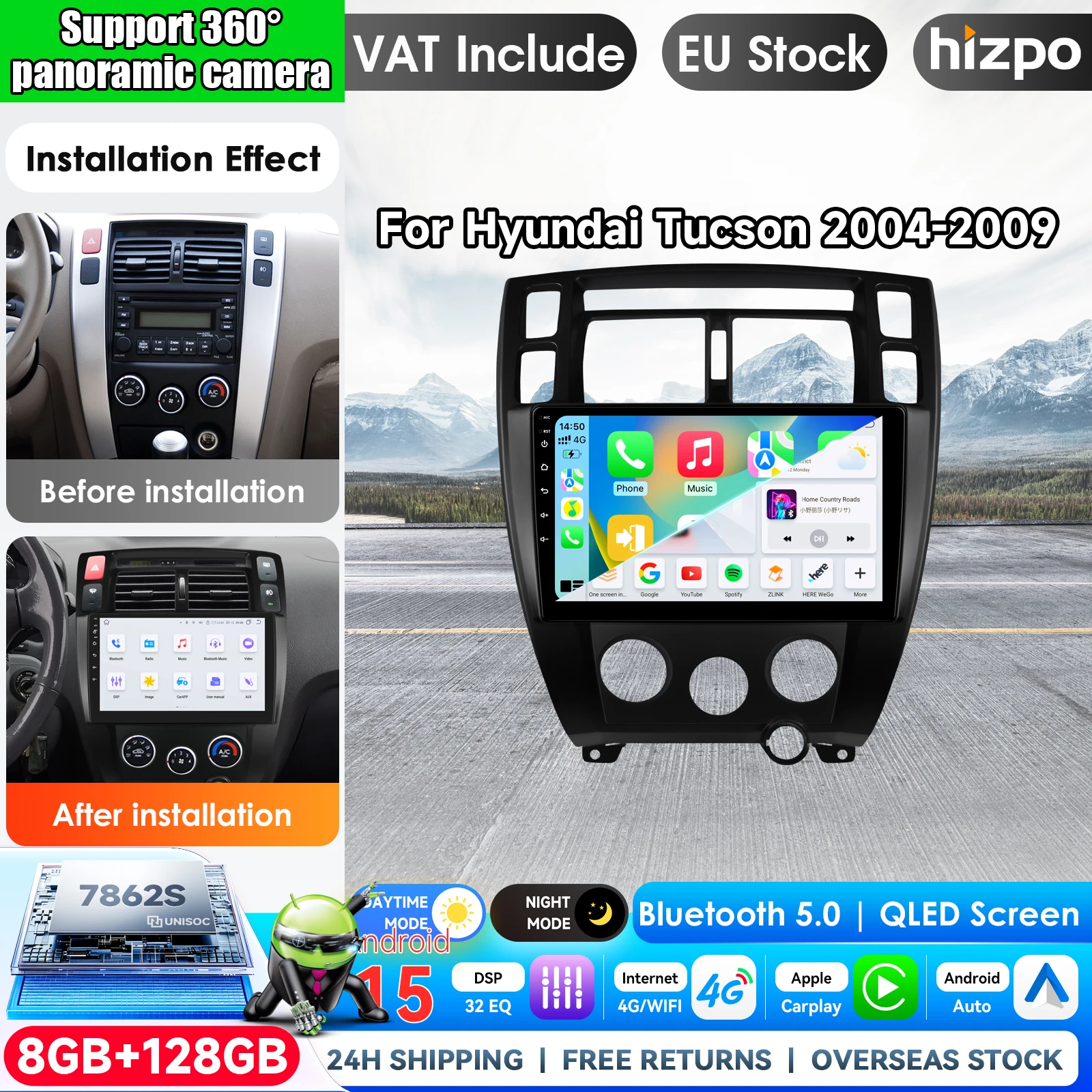 Android 15 Carplay Auto QLED-Bildschirm Autoradio-Player für Hyundai Tucson 2004 2005 - 2009 Silber Schwarz Autoradio BT Multimedia Stereo Snapdragon Android 16 Carplay Auto 2K-Bildschirm