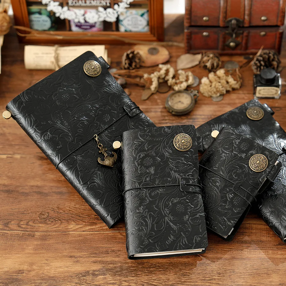 Retro Full Grain Leather Handmade Notebook with Tang Grass Engraving, Travel Journal Diary Planner, Passport/Compact/Standard/A5