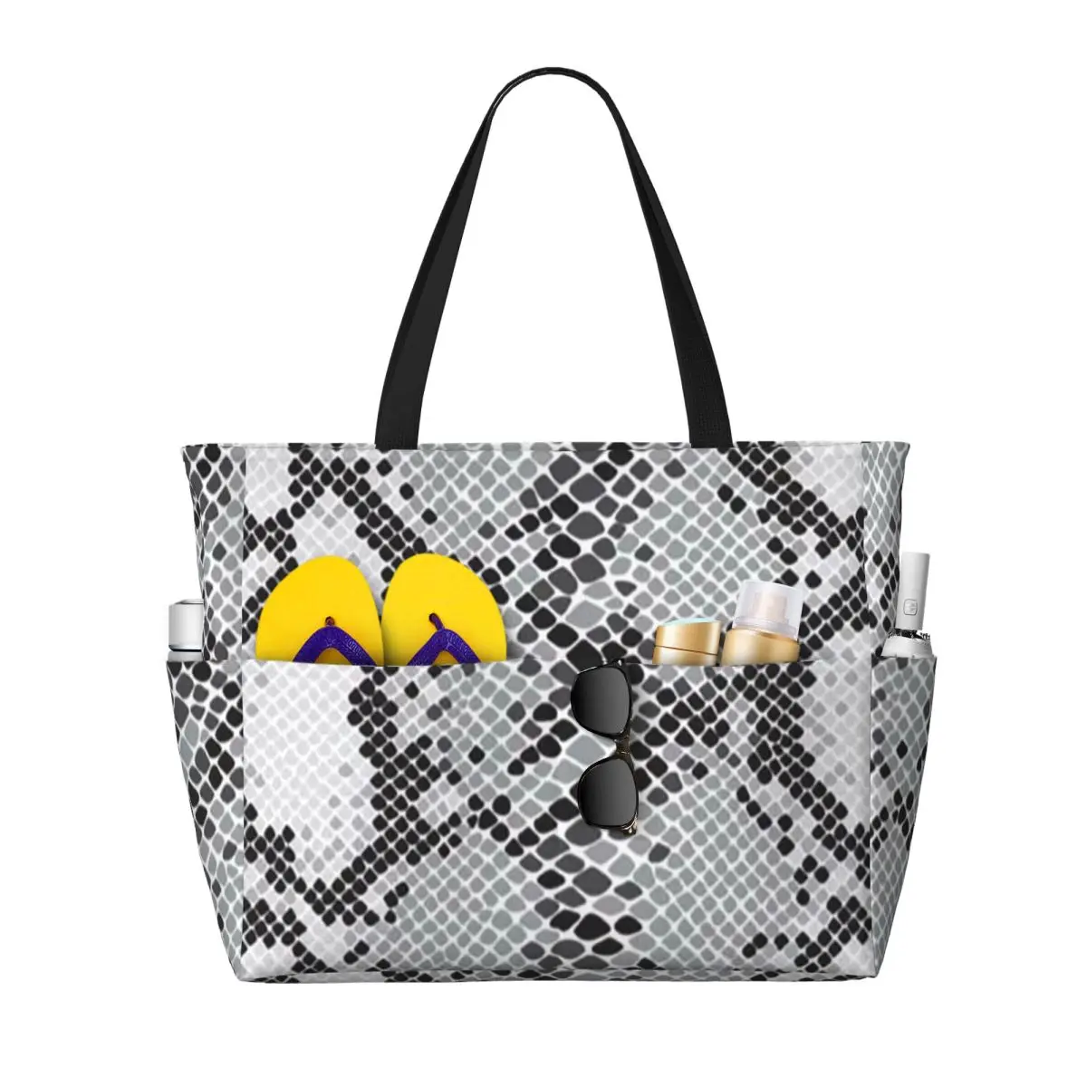 Gray Snake Skin Animal Print Beach Tote Bag Sport Gym Yoga Duffle Large Tote Bag Women Travel Bag Fitness bag
