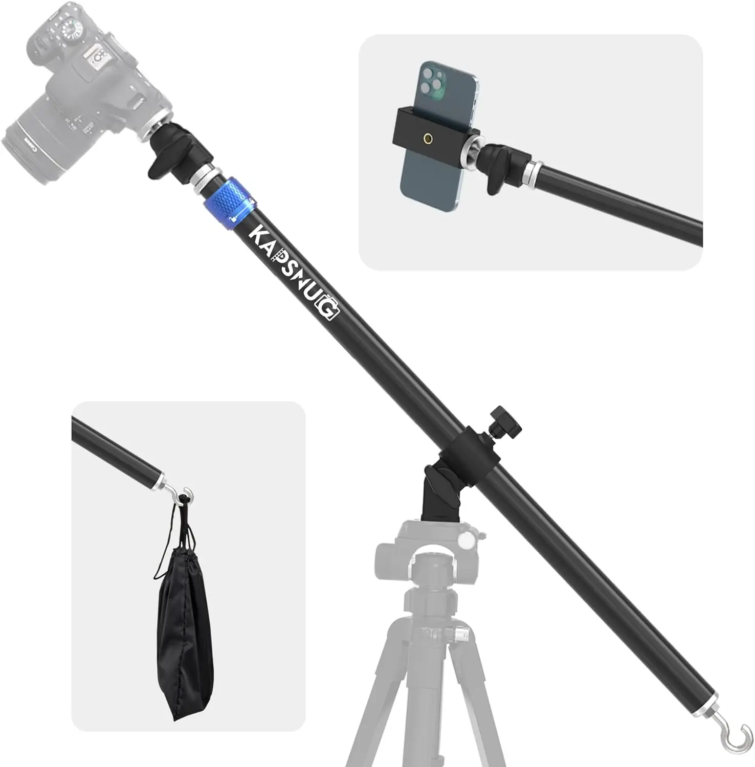 Aluminum Tripod Extension arm with Retractable Extender  360° rotatable Swivel Base for Overhead Photography of Cameras/Phones