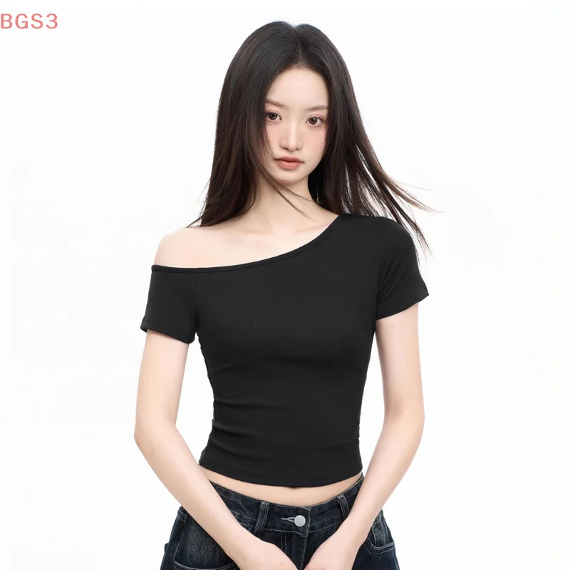 Slant Shoulder Short Sleeve Tops Women Design Summer Solid Color Strapless T-Shirt