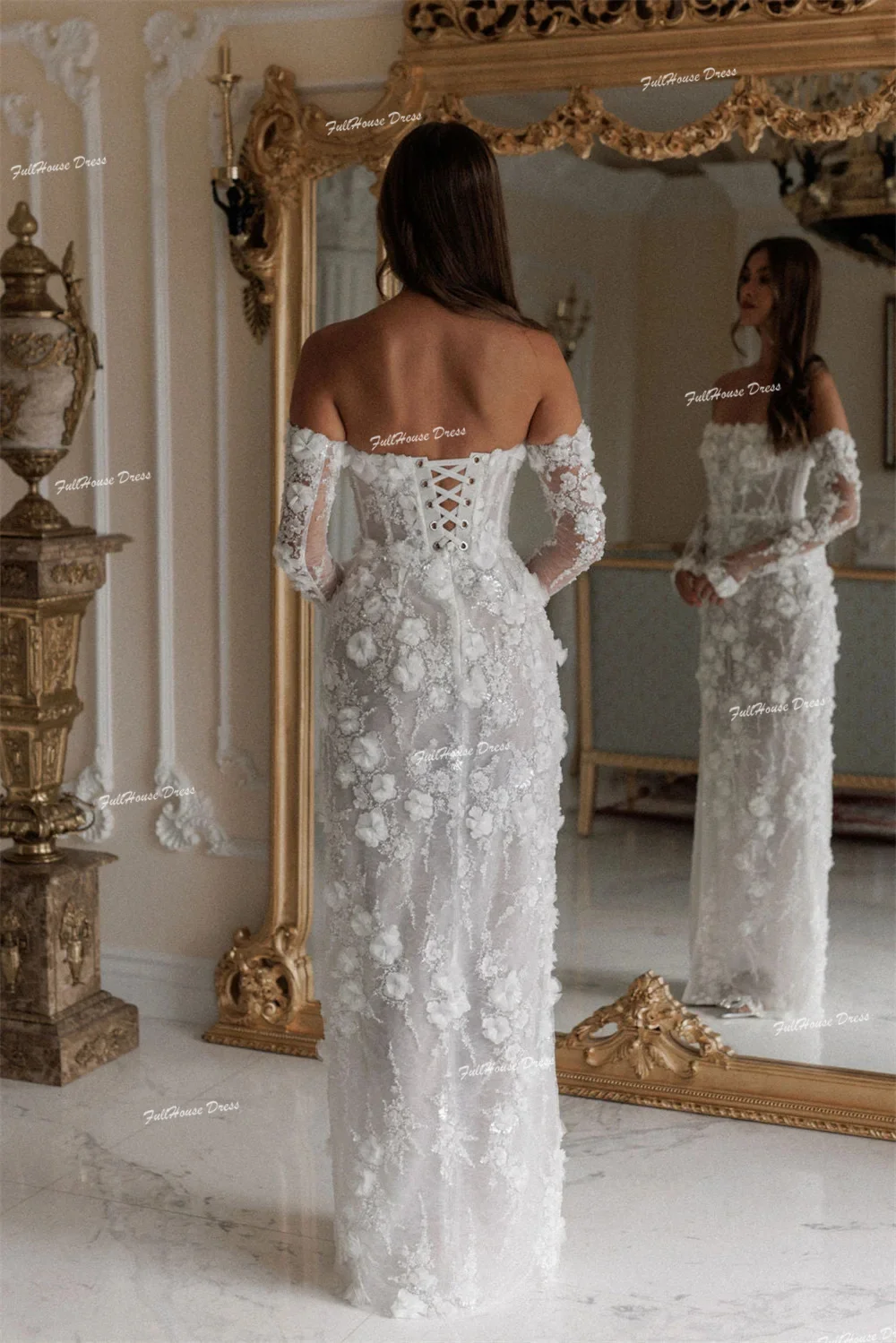 Personalizado gracioso 3/4 manga barco colarinho 3d floral renda vestido de casamento longo fenda lateral rendas até voltar vestido de noiva para festa