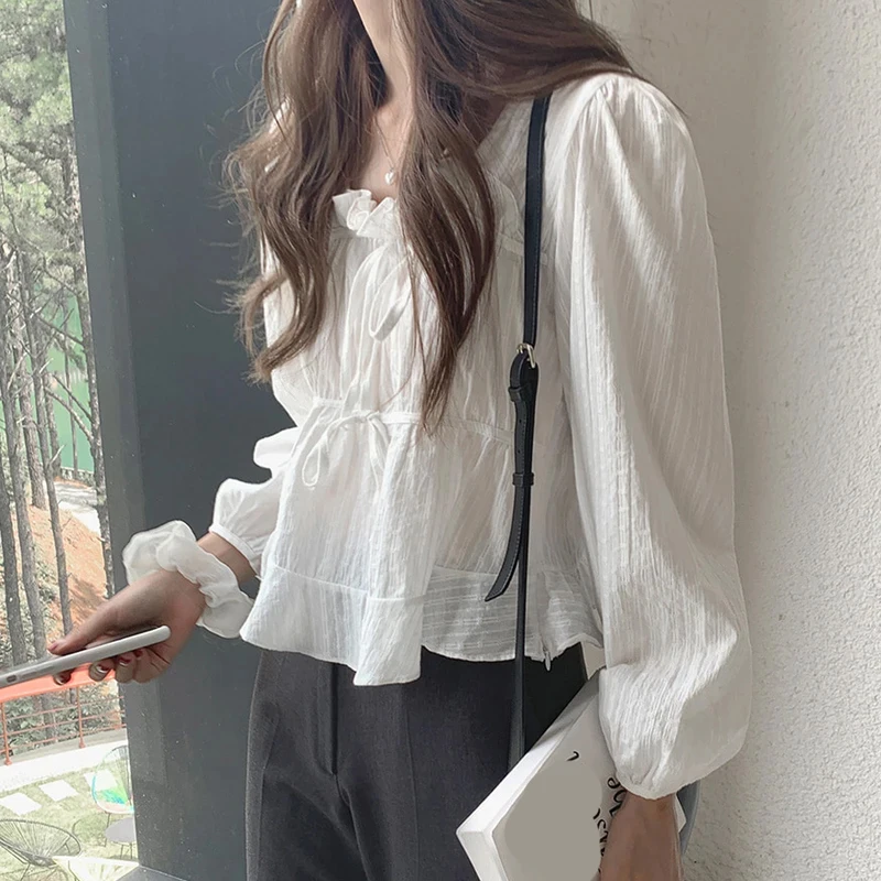 New Long Sleeve Spring Linen Cotton Blouse Lace Up Women White Shirt Casual Girls Korean Women Blouses Femme Tops Soft 11700