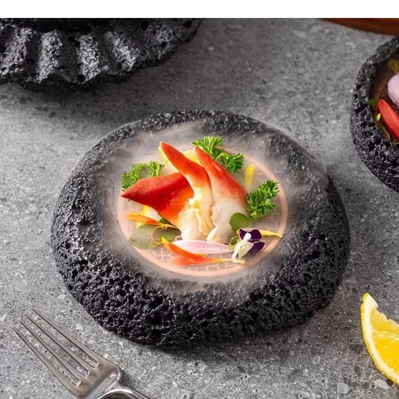 Meteorite Textured Cement Dining Plate Barbecue Dry Ice Sashimi Plates Sushi Dish Dessert Specialty Tableware