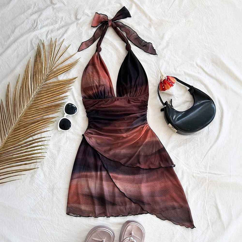 فساتين صيفية عصرية متدرجة لائقة بدون أكمام ورقبة رسن فساتين كامي صغيرة على طراز الشاطئ للنساء