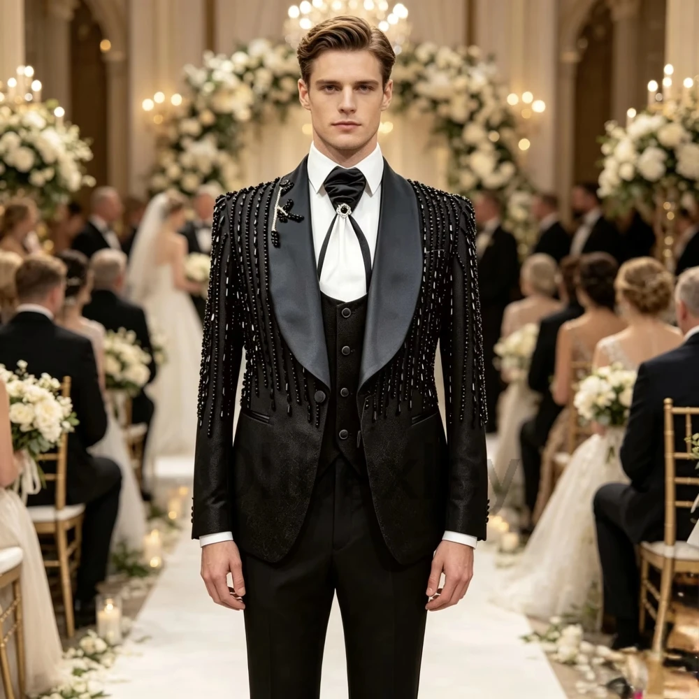 Olibexley Luxury 3 Piece Men's Suit Set Slim Fit Tuxedo Wedding Shiny Black Rhinestone Beaded Blazer Prom Pants Customized S416