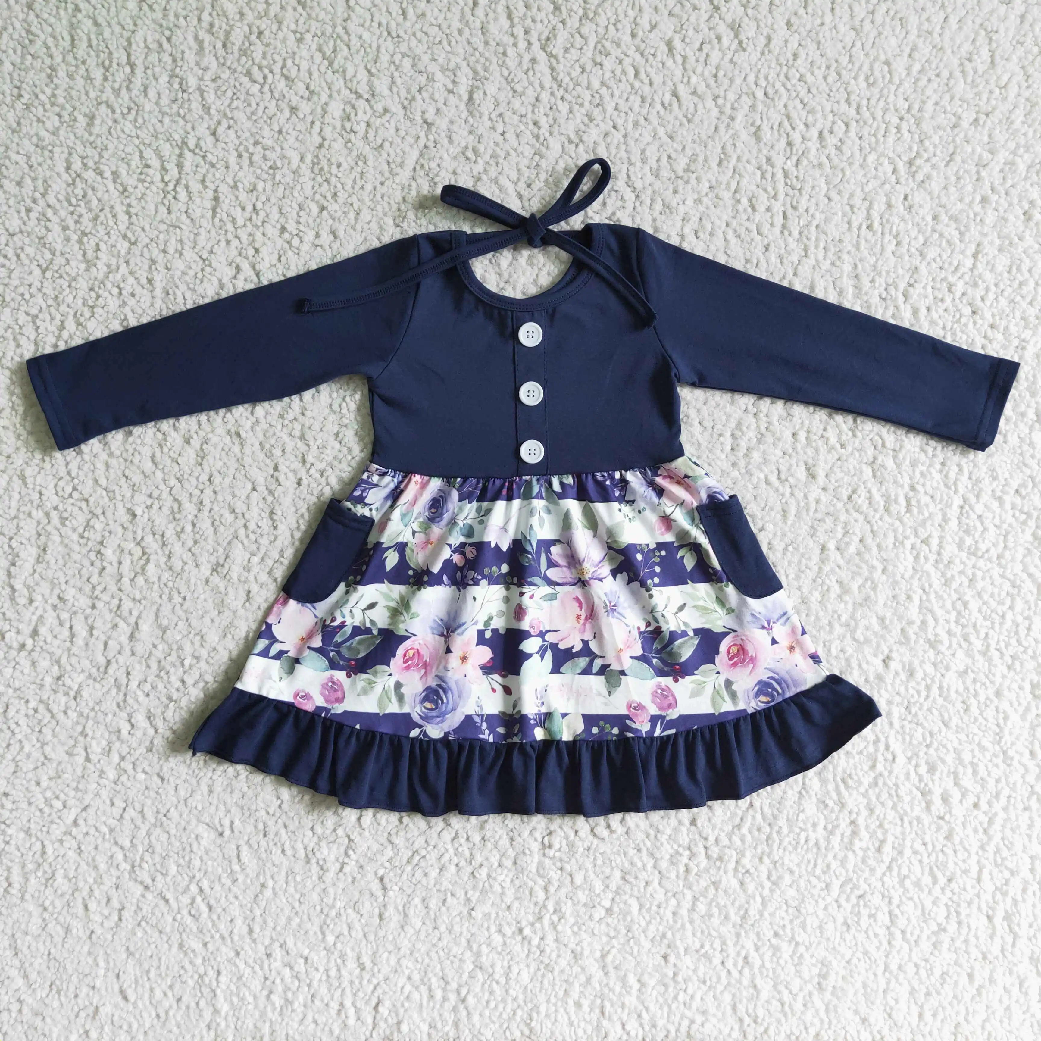 

GLD0052 Wholesale Summer girls dresses Blue flower button long sleeve dress Western Summer Boutique kids clothes girl
