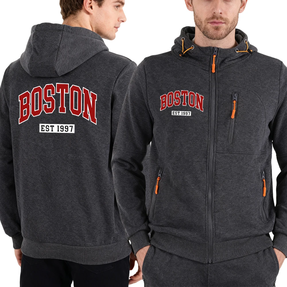 

Boston Letter Est 1997 Prints Zipper Hoody Male Fashion Pocketed Hoodie Vintage Loose Coat Fleece Casual Soft Sportswear