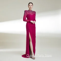 Sexy Mermaid Evening Dress Customized Round Neck Long Sleeves Beading Crystal High Slit Chiffon Arabian Woman Party Gowns