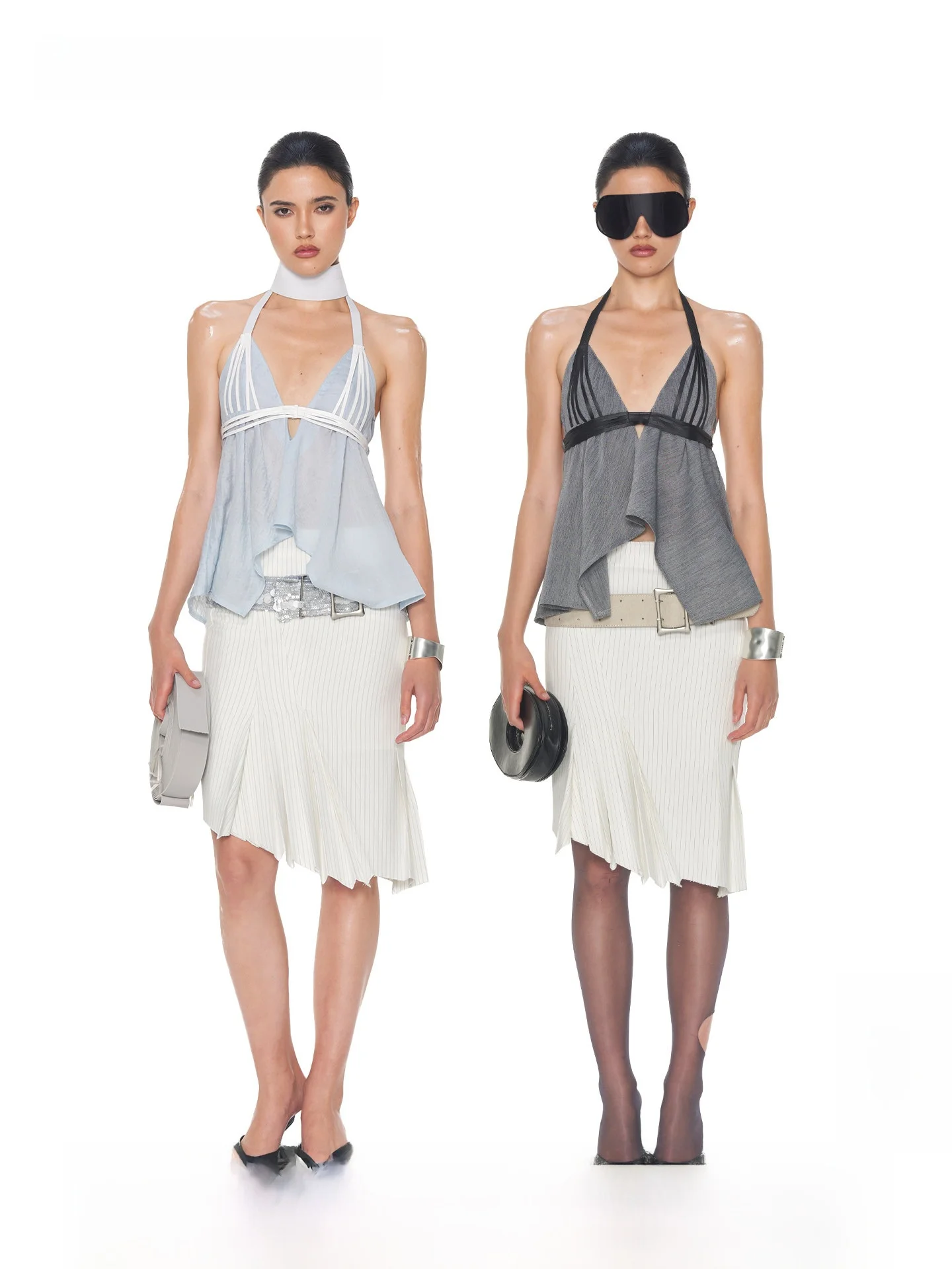 

NOLA Double Layer Composite Stripe Suiting Asymmetrical Slit Pleated Skirt Women's Skin-friendly Breathable Fashion