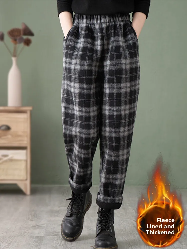 Calça harém de lã feminina casual brued fce xadrez cenoura calças de cintura alta coreano sle commute vento calças compridas