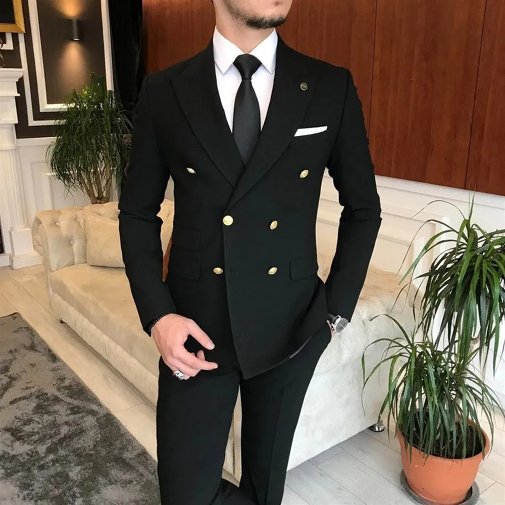 Men's Two Piece Bussiness Suit Peak Lapel Double Breasted Wedding Suits Groom Tuxedos Jacket Work Suit (Blazer+Pants)