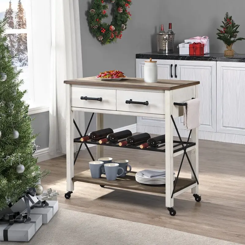

American solid wood movable middle island kitchen cooking table household wrought iron small apartment dining table dining inetm