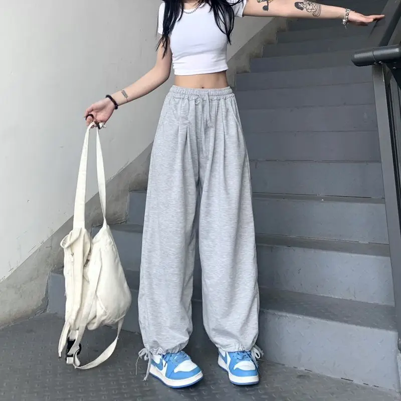 

QWEEK Oversized Sports Gray Sweatpants Woman's Jogger Baggy Causal Pants Jogging Korean Fashion Wide Leg Thin Trousers Summer