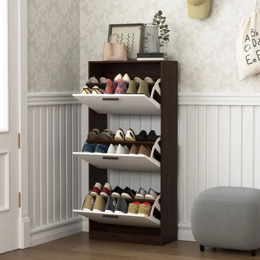 Shoe Storage Cabinet with 3 White Panel Flip Drawers Freestanding Organizer for Entryway Narrow Shoe Rack Cabinet