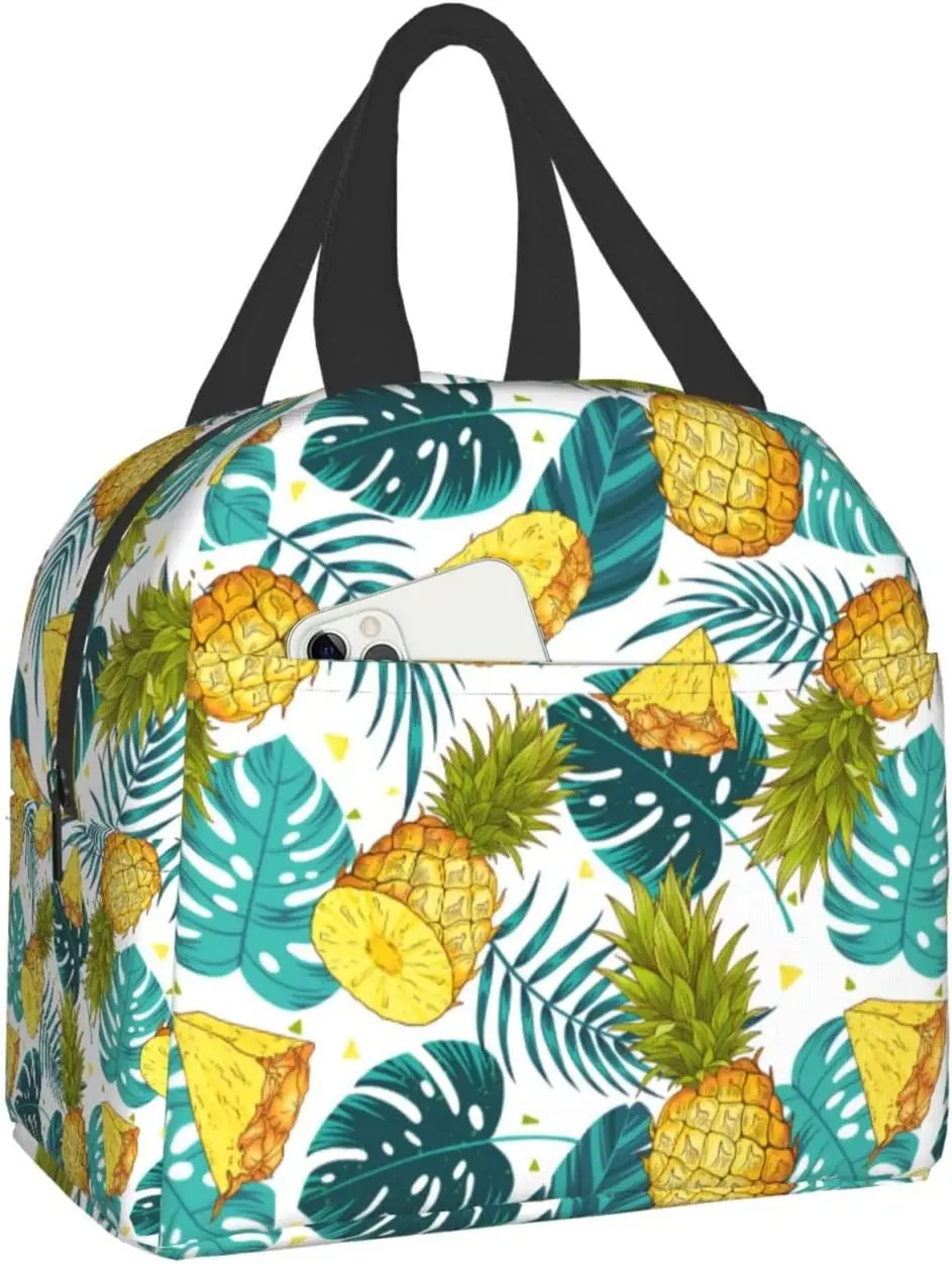 

Pineapples Insulated Lunch Bag with Front Pocket Reusable Cooler Tote Bag with Zipper Use for Camping Hiking Picnic Beach Travel