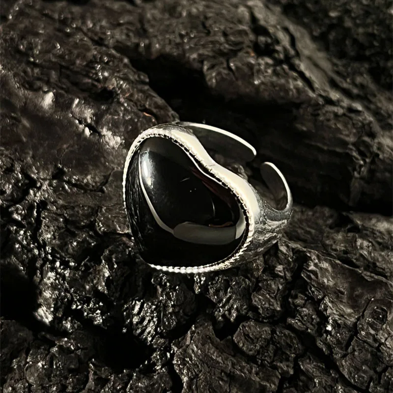 Foxanry Black Drop Glaze Love Heart Geometric Rings For Women Couples New Fashion Simple Classic Hip Hop Party Jewelry Gifts