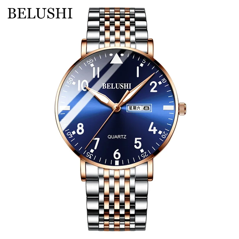 BELUSHI Fashion New Mens Watches Top Luxury Brand Waterproof Quartz Watch Men Casual Stainless Steel Business Date Wrist Watch