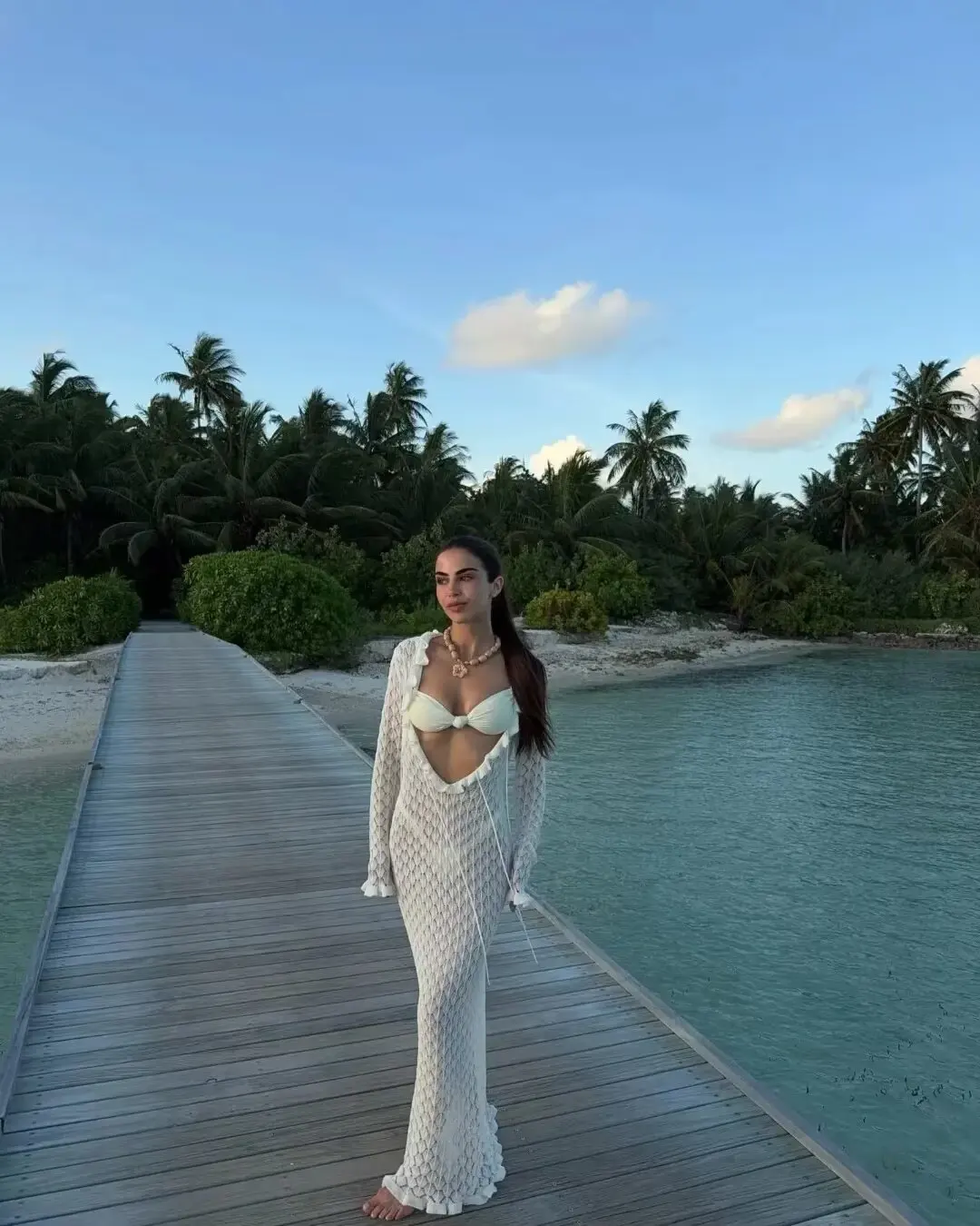 フレンチボヘミアンシックニットマキシワンピース レディース 夏 ディープVクロシェ ホローアウト 長袖 バケーション ビーチ パーティー セクシーレディースドレス