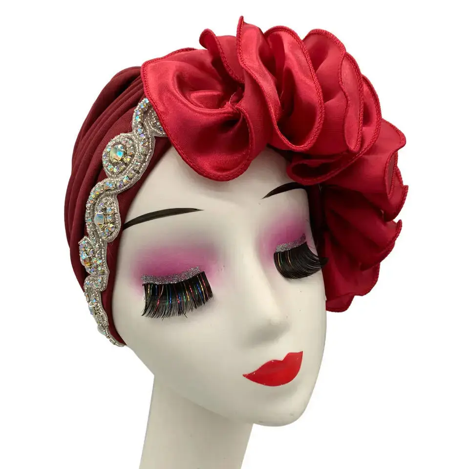 

2024 Nigeria Auto Gele Headtie Aso Oke African Headties Women Muslim Hijab Flower Diamonds Turban Cap Headscarf Bonnet Party Hat