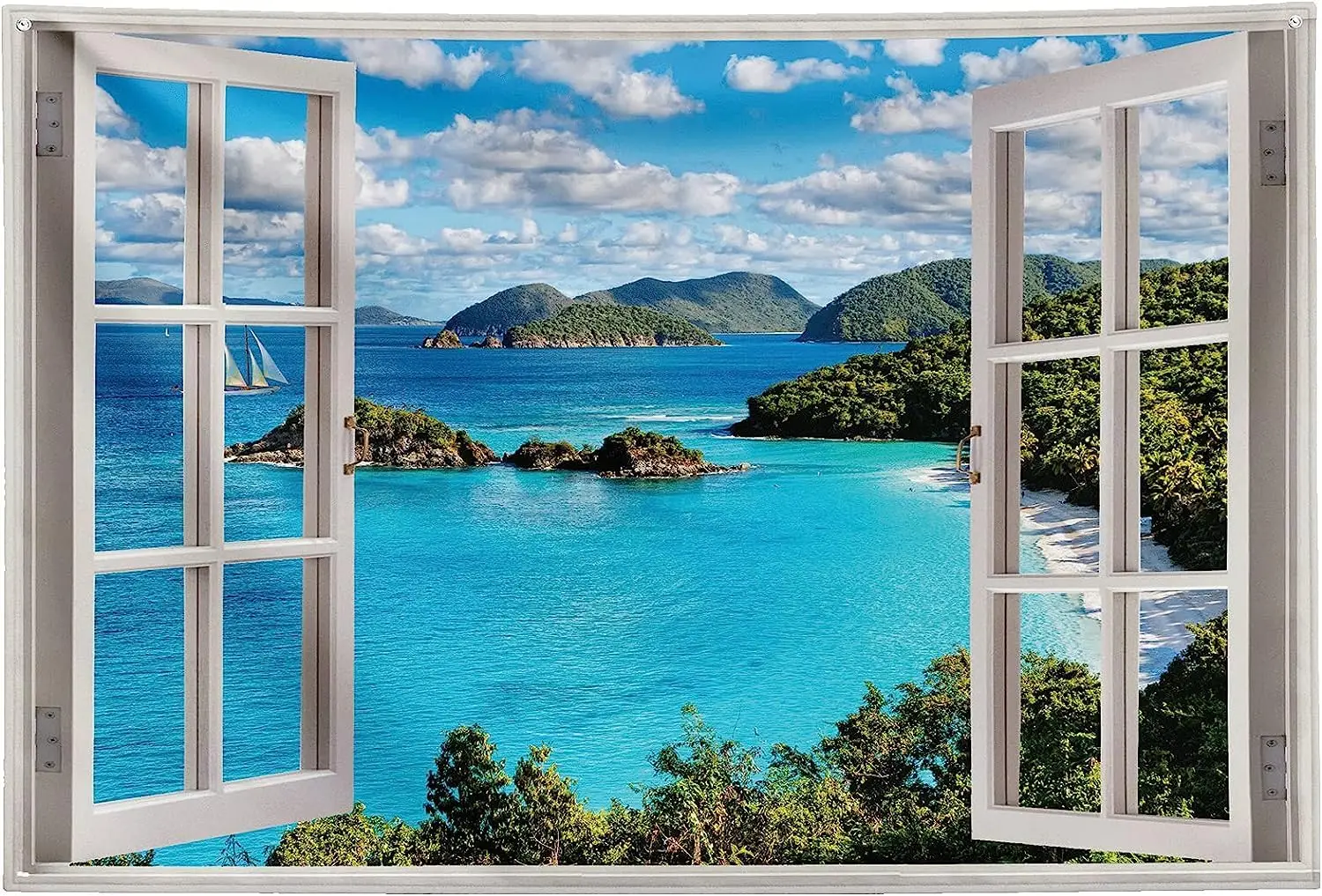 Tropical Beach Window Tapestry – Blue Sea, Coconut Palms & Summer Island View for Bedroom or Living Room Decor
