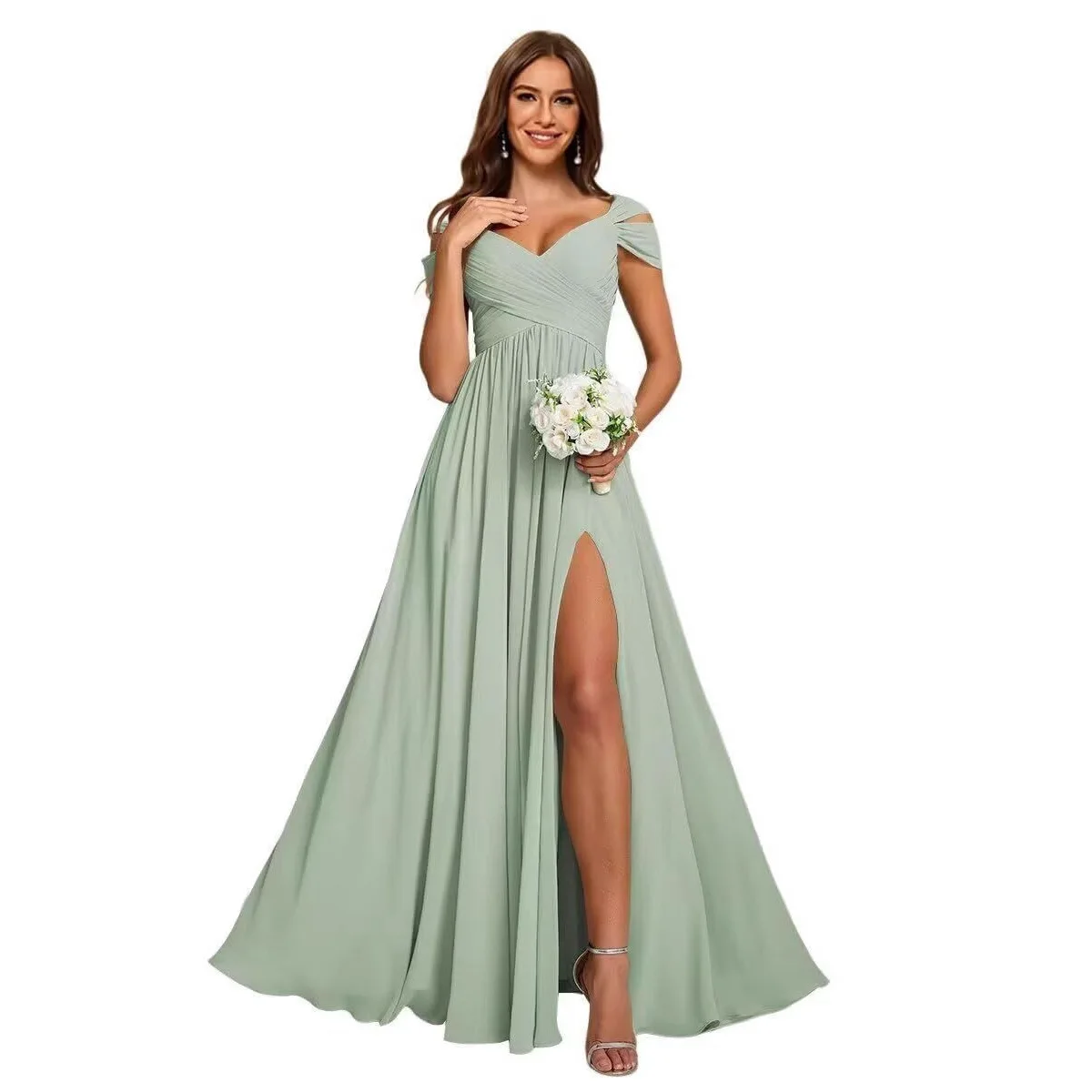 

Women's Off Shoulder Bridesmaid Dress With Pockets Sweetheart A-Line Chiffon Ruffle Long Side Slit Formal Evening Party Gowns