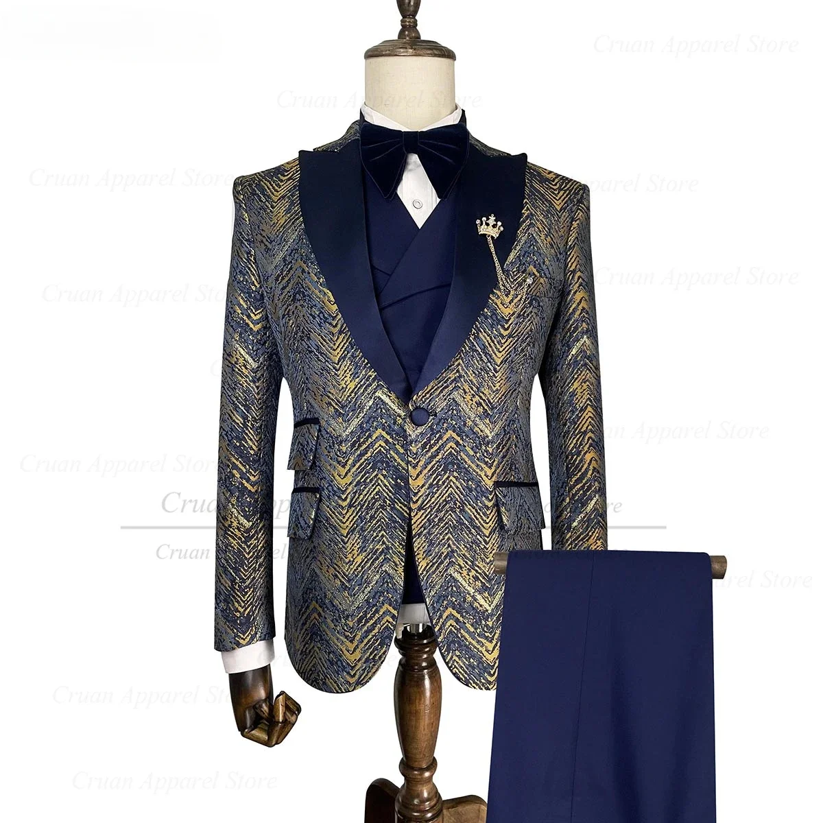 Navy Blue Floral Suits For Men Slim Fit Gold Shiny Blazer With Vest Pants 3 Pcs Tailor-made Business Prom Wedding Groom Tuxedos