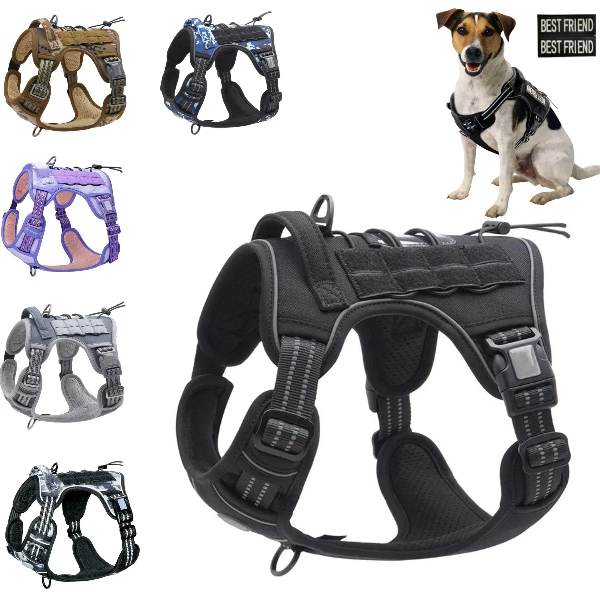 Adjustable Tactical Dog Harness Pet Working Training Military Service Vest Reflective Dog Harness Set For Small Medium Big Dogs