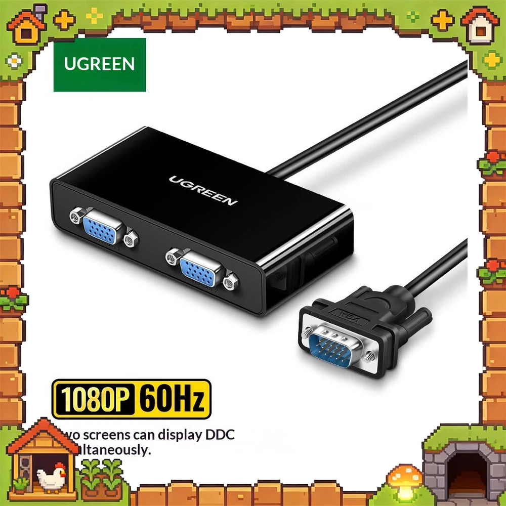 UGREEN 40254 VGA Splitter 1 In 2 Out 1080P 60Hz Video Distribution Adapter with Cable for Dual Monitor Display