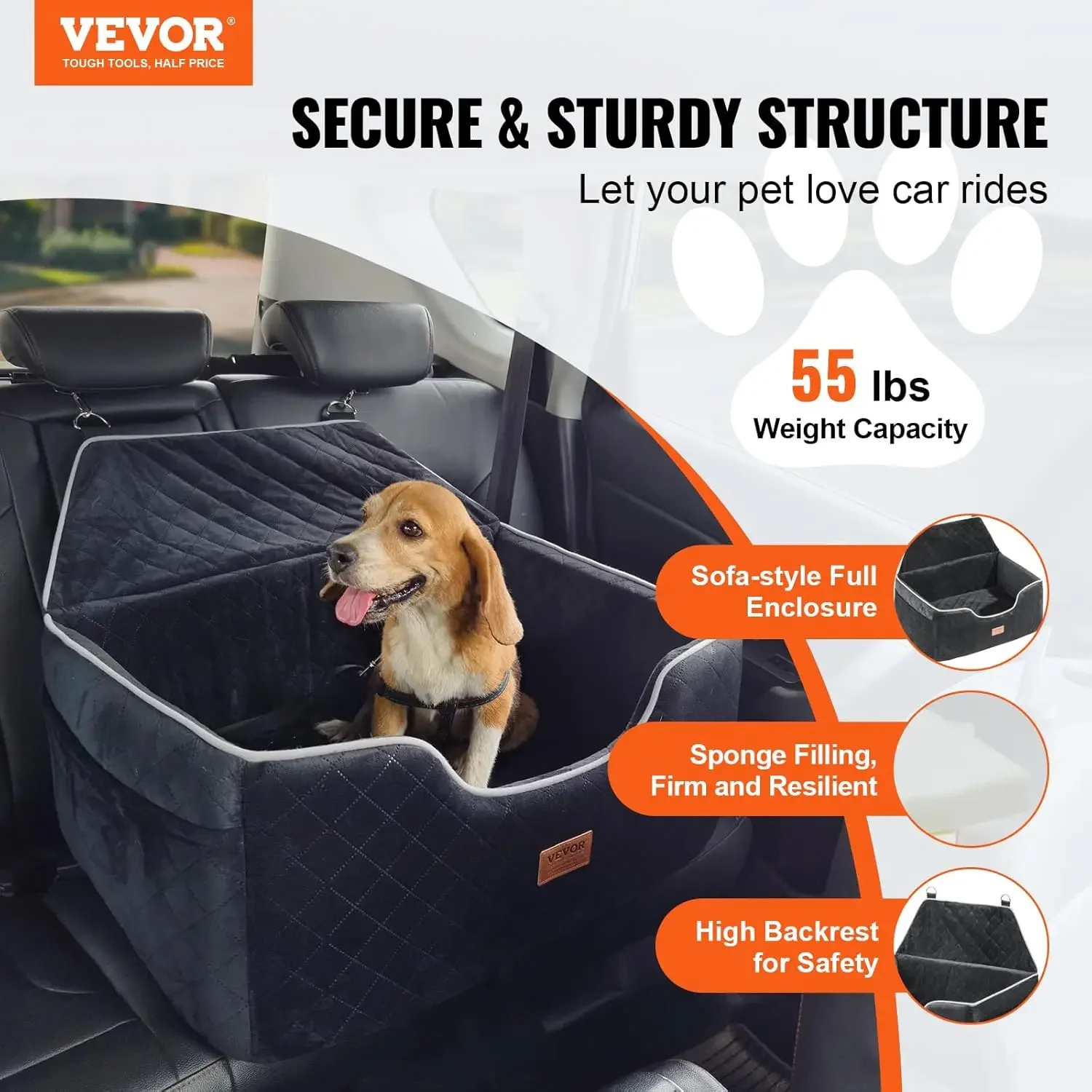 Dog Car Seat, Dog Booster Seat for Car with A Storage Pocket, Pet Car Seat with Clip-On Safety Leash, Sponge Filling