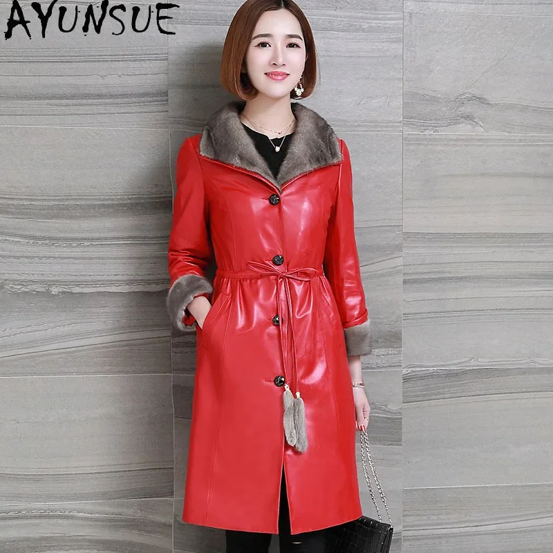 AYUNSUE Real Leather Jacket Women Winter Autumn Elegant Genuine Sheepskin Leather Long Down Coats Mink Fur Collar Veste Femme