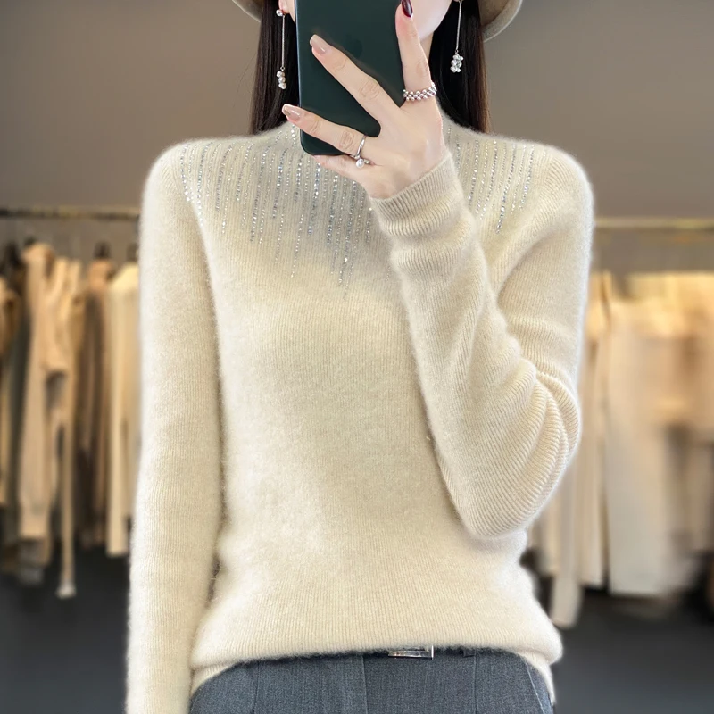 Autumn/Winter new women's sweater 100% Merino wool half-turtleneck pullover Korean diamond set warm base knit shirt