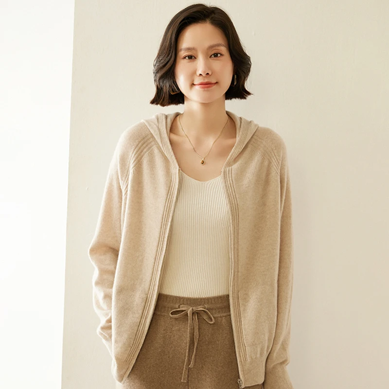 Nowy kaszmirowy kardigan damski na jesień i zimę, długi rękaw, zapinany na zamek, jednolity kolor, luźny wełniany sweter.