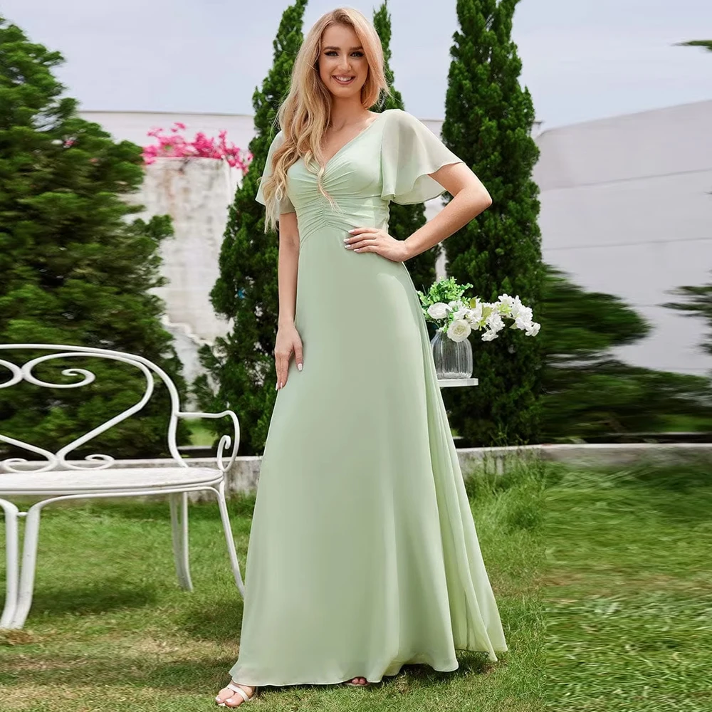 

BAZIIINGAAA Party Dress Chiffon Pleated Bridesmaid Dress with Ruffle Short Sleeves Evening dress