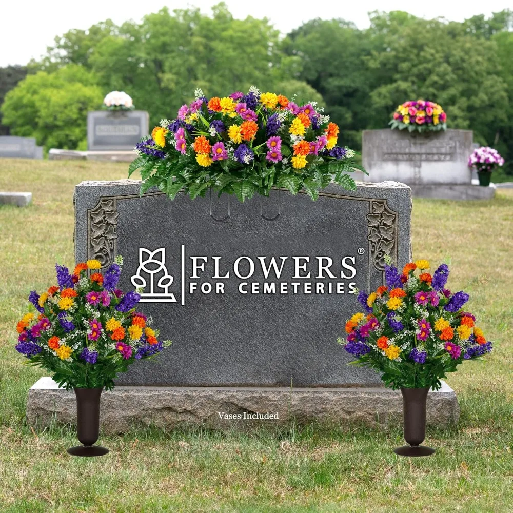 زهور برية مقبرة صناعية واقعية لتزيين القبر - زهور تذكارية غير منتفخة، سهلة التركيب، تدوم طويلاً