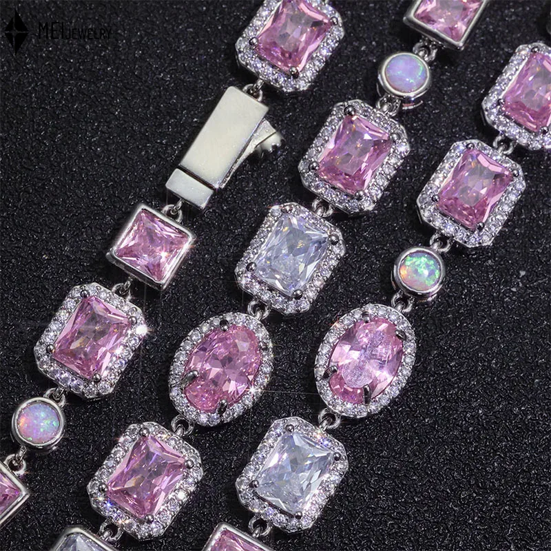 

Hip Hop 10mm Pink Cubic Zirconia Opal Necklace Colored Gemstone Men's Bracelet Jewelry Set Customization