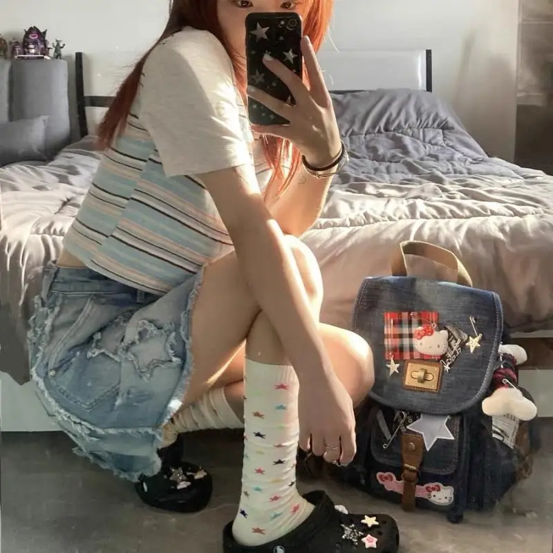 Y2K Hello Kittys Backpack Sanrios Anime Cartoon Original Self Made Denim Collage Wasteland Style Fashion Hot Girl Denim Backpack