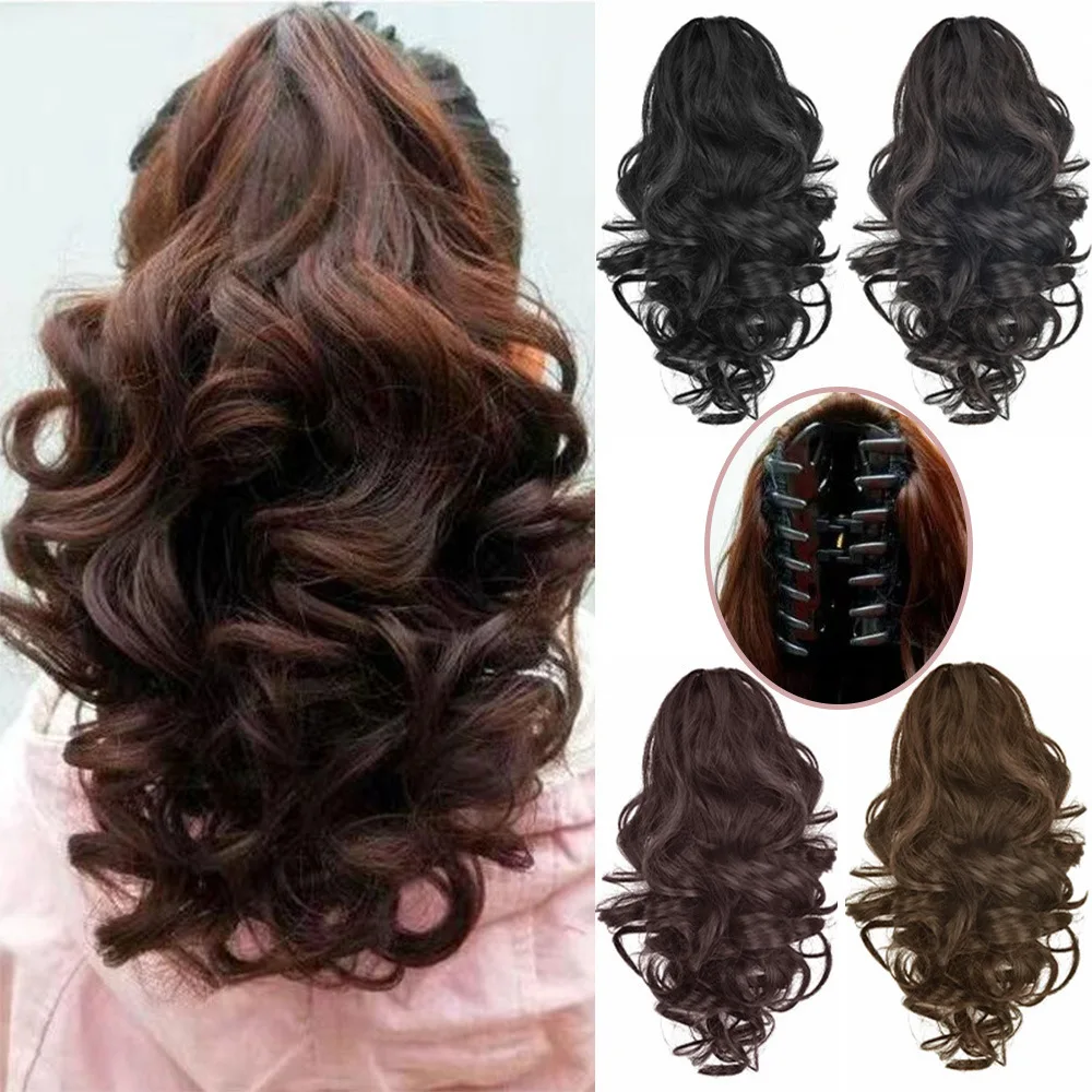 

Синтетический хвост на клипсе, короткие вьющиеся волосы, женский хвост, наращивание, искусственный хвост, термостойкие черные волнистые волосы