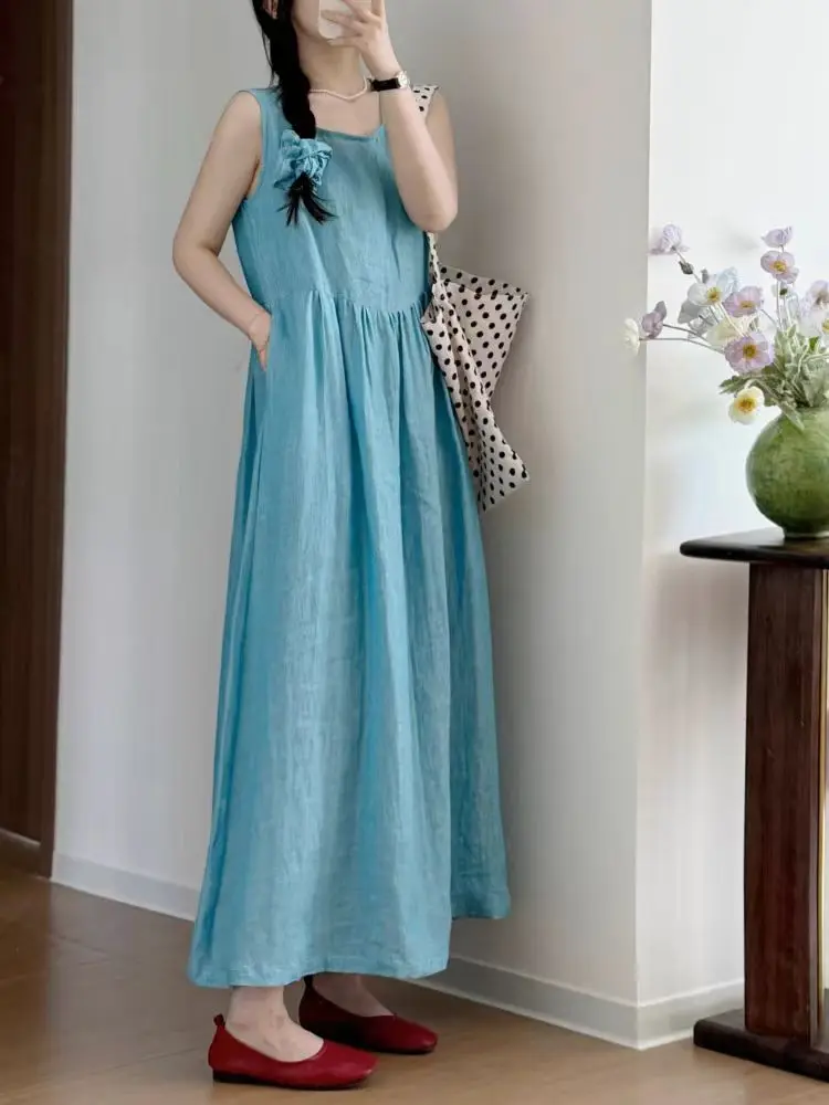 فستان صيفي كاجوال بدون أكمام من القطن والكتان للنساء، تنورة طويلة واسعة فضفاضة برقبة مستديرة وتصميم على شكل حرف A بلون موحد
