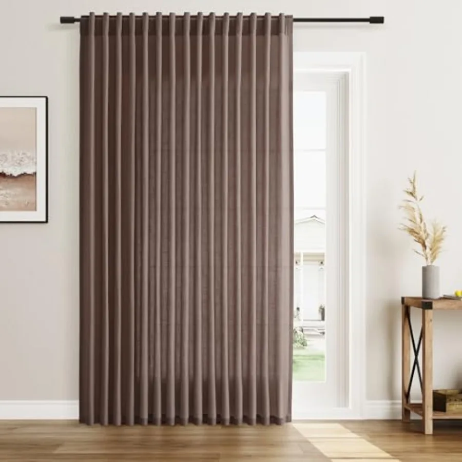 

100 Inch Extra Wide Curtains Linen Sliding Glass Door Back Tab Curtain Living Room Divider Semi Sheer Brown Country Farmhouse P