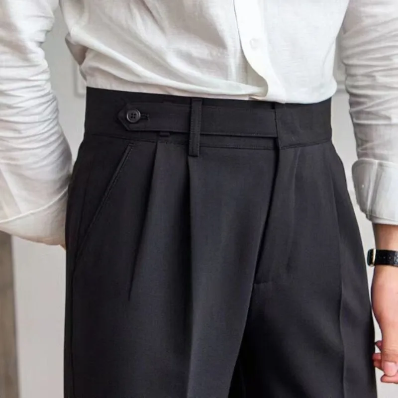 High Waist Pleated Man Suits Pants 9 Cropped Business Social Tailoring Quality Fabric Trousers for Men Classic Dress Elegant Up